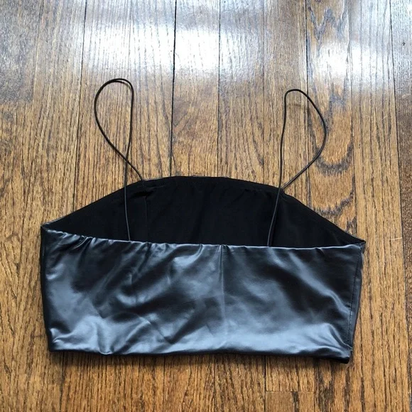 Black Faux Leather Stretch Spaghetti Strap Tube Top Crop Top - Picture 4 of 5
